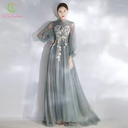 Party Dresses SSYFashion Romantic Flower Fairy Evening Dress Long Sleeve Lace Appliques Beading Grey Blue Prom Formal Gowns Custom