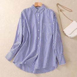 Women's Blouses Breathable Women Shirt Stylish Color-blocked Stripes With Lapel Collar Patch Pocket Long Sleeve Single Breasted