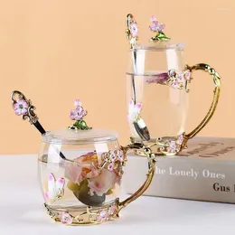 Mugs Creative Pink Daisy Enamel Crystal Mug Tea Cup Coffee Butterfly Painted Flower Water Cups Clear Glass With Spoon