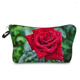 Storage Bags Nice Red Rose Printed Cosmetic Bag Heat Transfer Fashion Women's Handbag Portable Gift Coin Purse Zipper Pencil Case