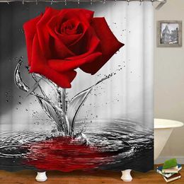 Shower Curtains Red Rose Flower Bathroom Shower Curtain Set Non-Slip Rug Bath Mat Toilet Lid Cover and 12 s Waterproof Polyester Home Decor