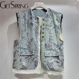 Women's Vests Women Denim Vest 2024 Summer Fashion Sequins Embroidered Lace Stitched Sleeveless Single Breasted Waistcoat Tops