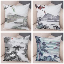 Pillow Super Soft Short Plush Decor Chinese Ink Scenic Case Polyester Cover For Sofa Home Car 45 Cm