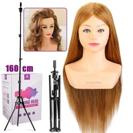 Mannequin Heads 80% real hair training head with 160cm tripod hairstyle doll shoulder woven fake human curly Q240510