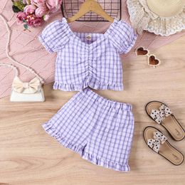 Clothing Sets Fashionable Casual Plaid Woven Fabric Pleated Decoration Bubble Short Sleeved Top Shorts Baby Girl Set