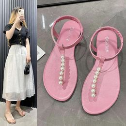 Sandals Sweet Pearl Embellished Flat Women 2024 Summer Plus Size Fashionable Casual Women's Thong Sandalias De Mujer
