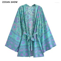 Women Red Flower Print Kimono Cardigan Holiday Tide Bow Sashes Mid Long Shirt Loose Robe Beach Cape