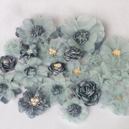 Decorative Flowers 20Pcs Set Blue Series Mix 20 Styles Chiffon Organza Fabric Rose Fake Wedding Dress Headwear Hats Decoration DIY