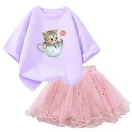 Clothing Sets Baby girl Tutu set with cute pet cat print T-shirt and fluffy sheer tight fitting suit suitable for princess childrens party and birthday costumesL2405