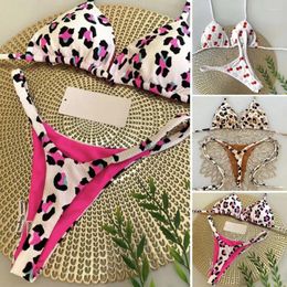 Women's Swimwear Women Tankini Swimsuit Sports Leopard Print Halter Bra High Waist Lace-up Thong Bikini Set Cherry For
