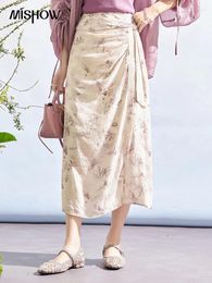 Skirts MISHOW High-Waist A-Line Skirt 2024 Spring Floral Folding Tie Up Slim Female Sweet Chic Hem Side Slit Midi MXD12B0208