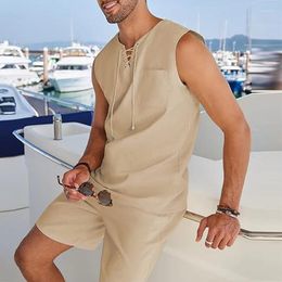 Men's Tracksuits Leisure Breathable Cotton Linen Two Piece Sets Men 2024 Summer Beach Casual Solid Color Tank Tops And Shorts Outfits Mens