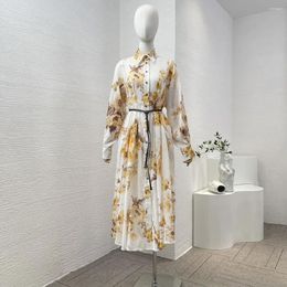 Casual Dresses 2024 High Quality Ramie Light Yellow Floral Print Long Sleeve Loose Midi Dress For Women Female Lady