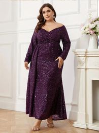 Party Dresses Plus Size Off Shoulder Long Sleeve Purple Sequins Luxurious Banquet Evening Dress 4XL 5XL Big Elegant Sparkling