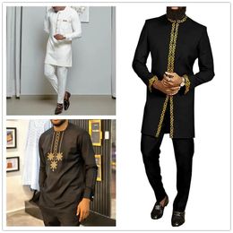 Kaftan mens clothing set embroidered long sleeved top traditional cultural clothing ethnic leisure style 2-piece clothing set 240425