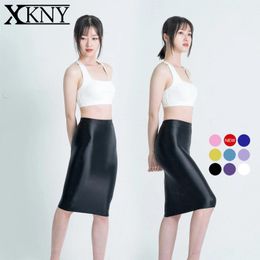 Skirts XCKNY Satin Glossy Skirt Sexy Hip Wrap One Step Elastic Silk Smooth Short Over Knee Half Body