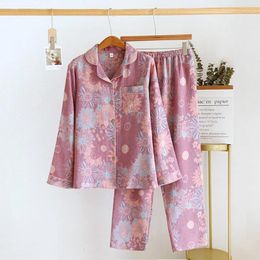 Women's Sleepwear Women Spring Autumn Pyjamas 2 Pieces Jacquard Long Sleeve Lapel Cardigan Nightgowns Home Wear Elastic Waist Trousers Suit