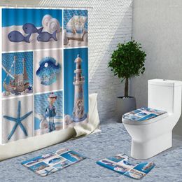 Shower Curtains Summer Beach Seascape 4pcs Sets Sailboat Sea Scenery Bathroom Home Decor Toilet Bath Mats Rugs Carpets