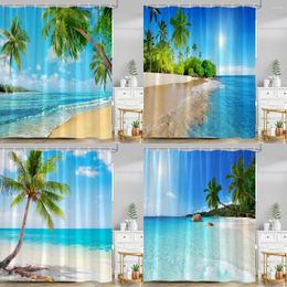 Shower Curtains Ocean Beach Curtain 3D Seaside Tropical Plants Natural Scenery Outdoor Summer Polyester Fabric Bathroom Decor