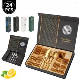 Dinnerware Sets A Style 24-Piece Gold Cutlery Set Stainless Steel Gift Box - Mirror Polished Luxury Western Steak Knife And Spoon