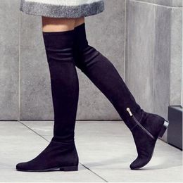 Boots Black Flat Thigh High Round Toe Stretch Fabric Side Zipper Wide Calf Winter Long Plus Size47 Drop