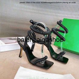 Botteg Venetas Fashionable spring new sheepskin soft thread Tpu winding belt square toe high heel sexy single-sided sandals womens shoes