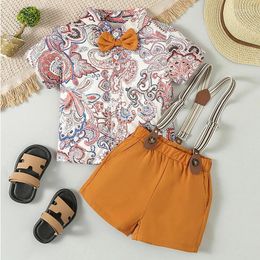 Clothing Sets Kids Boys Summer Gentleman Outfits Floral Print Bowtie Shirts Tops And Suspender Shorts 2Pcs Clothes Set