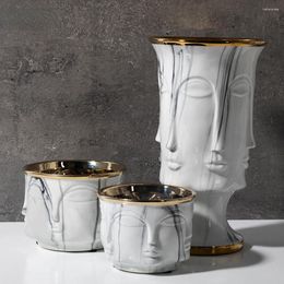 Vases Modern Human Head Face Smooth Glaze Gold Plated Porcelain Pot Home Decor With Ceramic Flower Vase