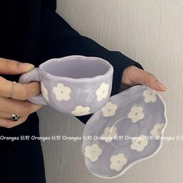 Mugs Ins Hand Cup Niche Painted Purple Flowers Coffee Saucer Ceramic Afternoon Tea