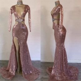 Sexy Rose Gold Mermaid Prom Dresses Deep V Neck Sequins Crystal High Side Split Party Wear Formal Evening Gowns Vestidos 228x