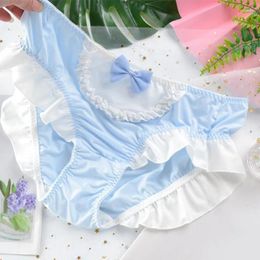 Women's Panties Lovely Lolita Satin Ruffle Bow Women Sexy Lace Underwear Ladies Thin Mesh Breathable Brief Female Sweet Comfort Lingerie