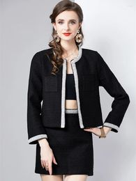 Work Dresses Elegant French Luxury Pearls Beading Tweed Woollen Two Piece Set For Women Autumn Winter Black Short Jacket Coat Mini Skirt