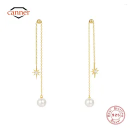 Dangle Earrings CANNER 925 Sterling Silver Star Zircon Pearl Adjustable Tassel Chain For Women 18K Gold Fine Jewelry Gift