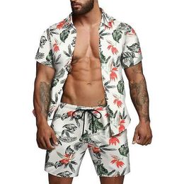 Men's Tracksuits Fashion 2Pcs set shirt beach style men 3D leaves print Holiday trend suit collar short sleeve Shirt Hawaiion pants clothes Q2405010