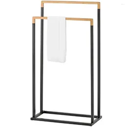 Storage Boxes Black Chrome Plated Metal 2 Tier Bathroom Towel Rack Stand With Bamboo Wood Bar