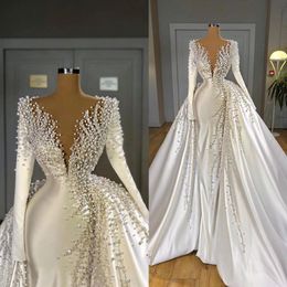 Luxury Pearls Mermaid Wedding Dresses with Overskirt V Neck Satin Long Sleeve Bridal Gowns Elegant Wedding Dress robes de mariee 214w