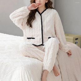 Women's Sleepwear 2 Pcs/Set Women Winter Pyjamas Suit Thickened Plush Colour Matching V Neck Long Sleeve Single-breasted Coat Elastic Waist