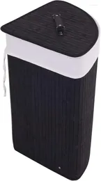 Laundry Bags Corner Bamboo Hamper With Lid And Removable Liner Washing Clothes Basket Storage Bin Handle (Black)