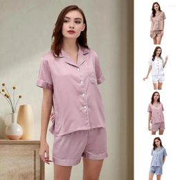 Home Clothing 2Pcs Loose Summer Sleep Set Turn-down Collar Simulated Silk Pajama Elastic Waist Soft Women's Pajamas For Ladies