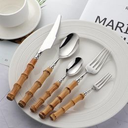 Dinnerware Sets 20pcs Natural Bamboo Flatware Set 18/10 Stainless Steel Hand Madee Knife Fork Spoon Kitchen Cutlery