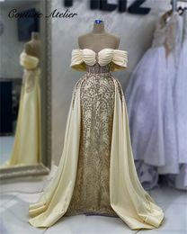 Party Dresses Princess Champagne Off The Shoulder Beaded Corset Formal Evening Gowns For Women Elegant Dubai Arabic Luxury With Train