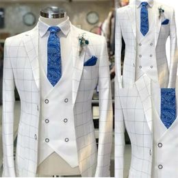 White Men Suits Check Pattern Wedding Tuxedo Formal Wear Customized Handsome Party Suit Coat Vest White Pant 268Q