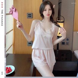 Home Clothing 2Pcs Sleepwear Pajamas Set Women Satin Silk Intimate Lingerie Cami Shorts Pyjamas Suit Lace Nightwear Night