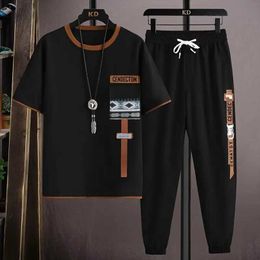Men's Tracksuits New Mens Joggers Set Korean Fashion Outfit Suits Print T-shirt Multi-pocket Cargo Pants 2 Piece Summer Mne Clothing 2024 Q2405011