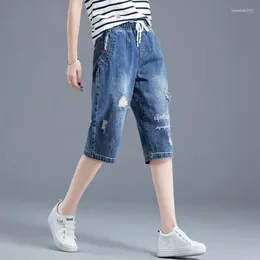 Women's Jeans 2024 Summer Style Calf Length Elastic Waist Women High-Waisted Loose Hole Denim Capri Pants Femme E58