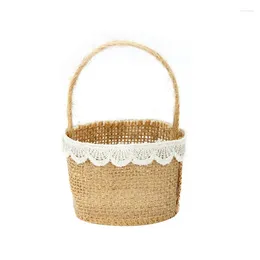 Gift Wrap Wedding Lace Burlap Flower Basket Linen Handle Vintage Country Table Decoration Baby Shower Party Candy Bag