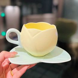 Cups Saucers Creative Tulip Shaped Ceramic Mugs Girly Coffee Mugs Round Ears Handle Milk Mugs Home Tea and Saucer Sets