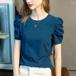 Women's T Shirts White Short-sleeved T-shirt Tshirts Summer French Puff Sleeves Stretch Cotton Solid Colour Basic Tops ZL100