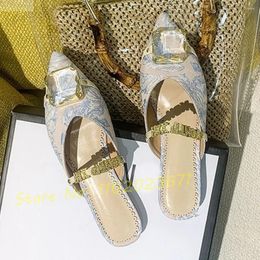 Slippers Pointy Crystal Floral Flat Women Summer Print Retro Metal Strap Shoes Bling Rhinestones Casual Arrival