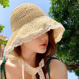Wide Brim Hats Summer Straw Sun For Women Girls Large Lace Ribbon Bucket Caps Sunscreen Travel Cap Foldable Seaside Beach